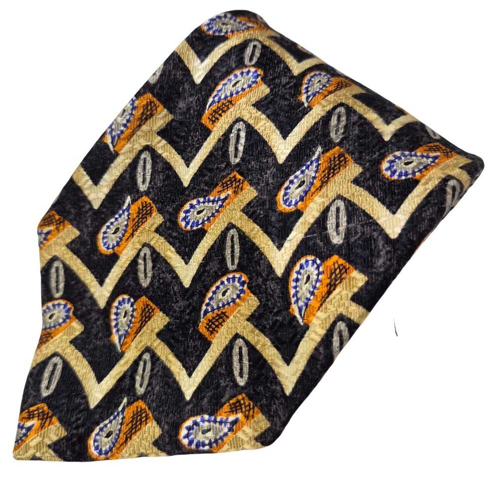 Omaggio by Robert Talbott Tie Mens Black Gold Paisley Geometric Silk Italy